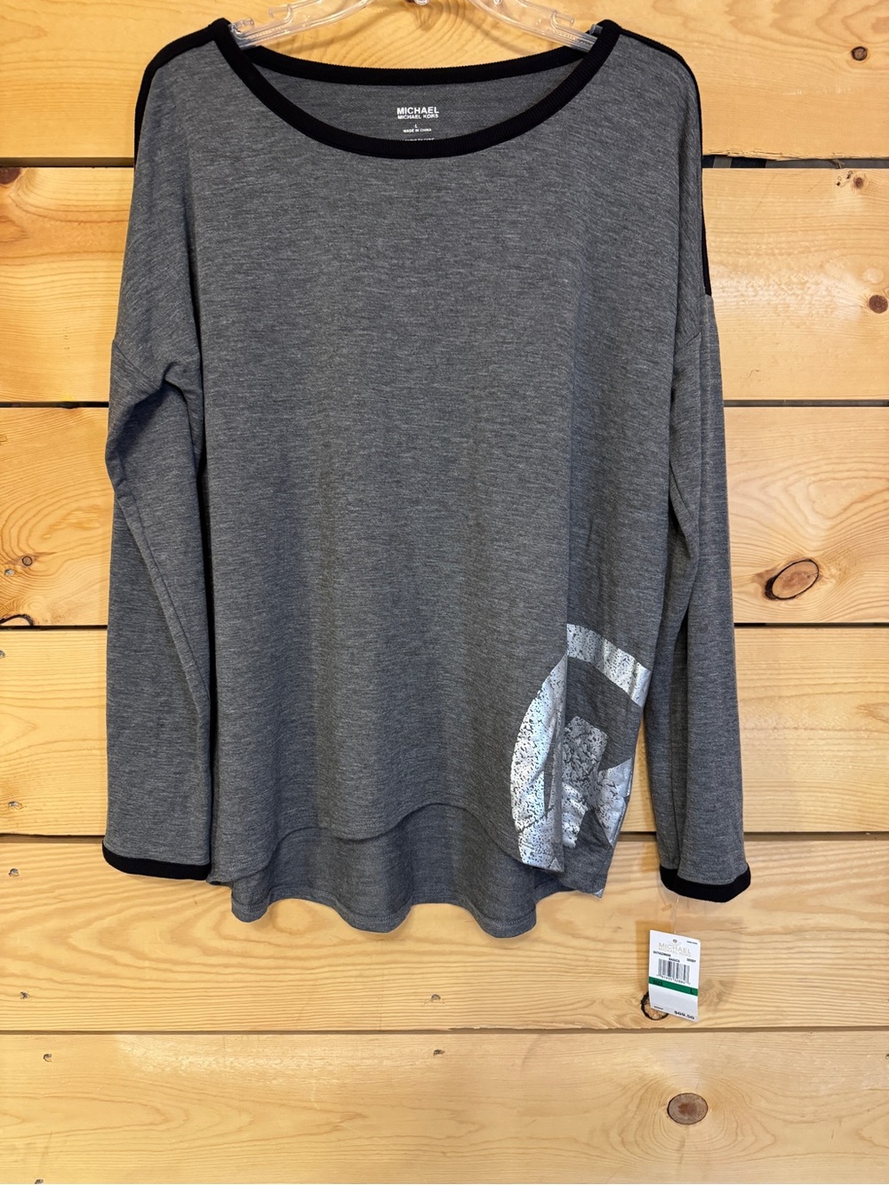 Michael Michael Kors Derby Basics Long Sleeve Logo Top Gray Black Size L NWT - Picture 8 of 8